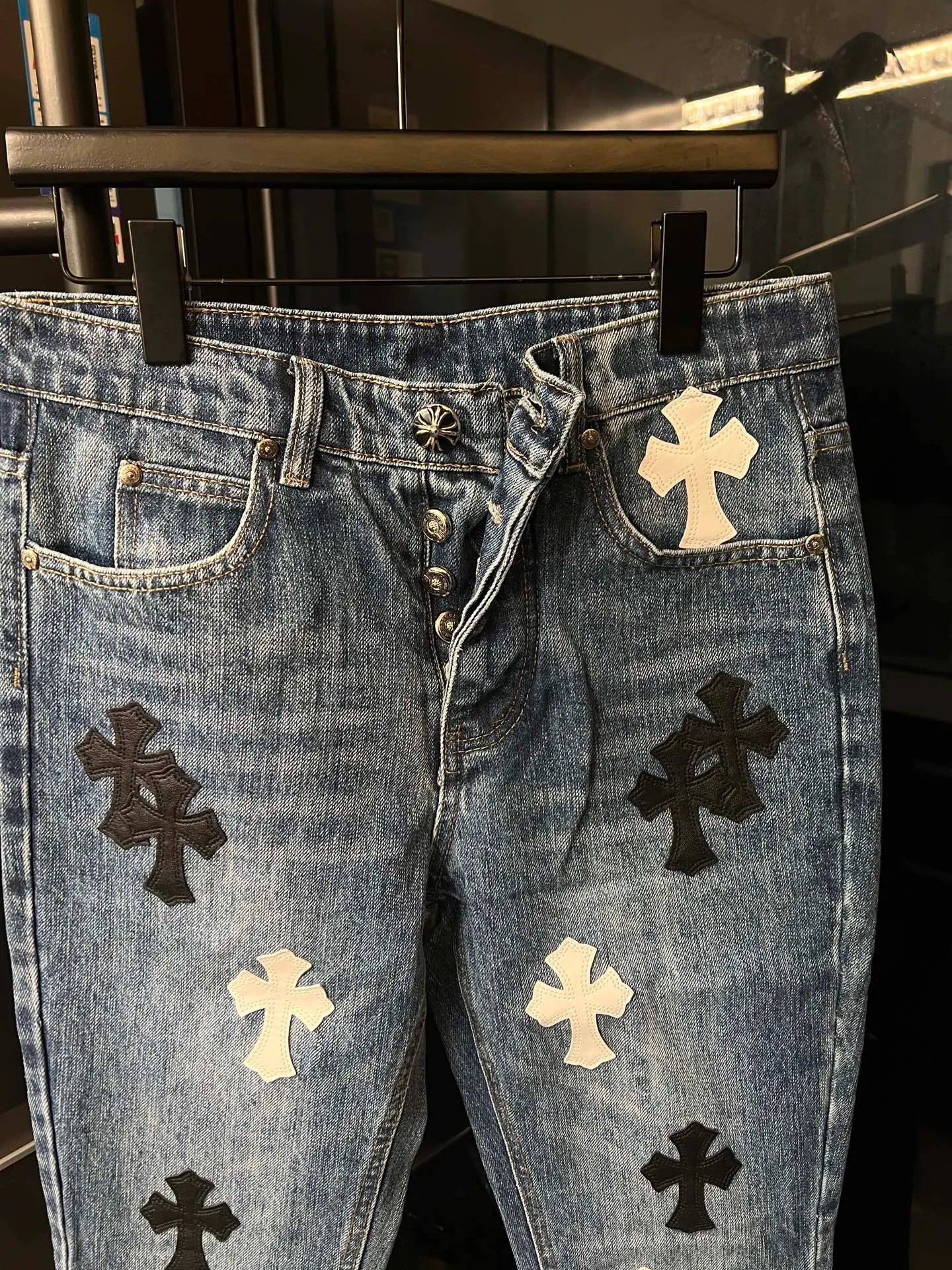 P260 [Next day] Chrome Hearts/Chrome Hearts 26Ss ch classic bamboo blue and black and white leather jeans (blue) Size: 28 30 32 34 36 (corresponding to s-xxl) Detailed sizes can be found in Figure 9